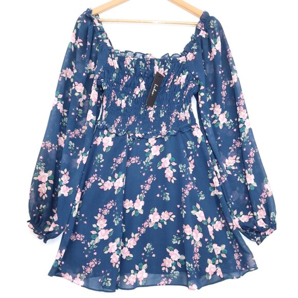 Lulus Floral Navy Blue Off-The-Shoulder Smocked Mini Dress Long Sleeves Womens S - Picture 1 of 15